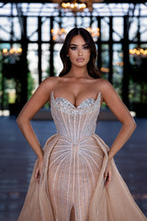 Beaded Formal Dress Sweetheart Chamapgne Panel Train Prom Evening Gown